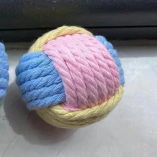 Handmade plush cotton cat hair ball toy in blue powder, green blue, and pink green colours