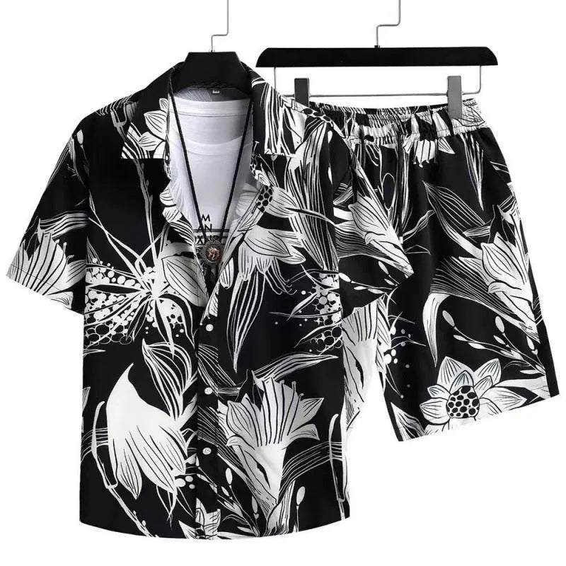 Man wearing a digitally printed short sleeve cardigan and matching shorts casual suit.