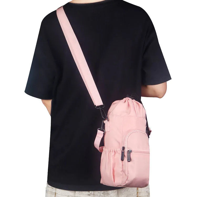 Soft cloth water bottle pouch with adjustable strap shown in black, green, and pink colour options.