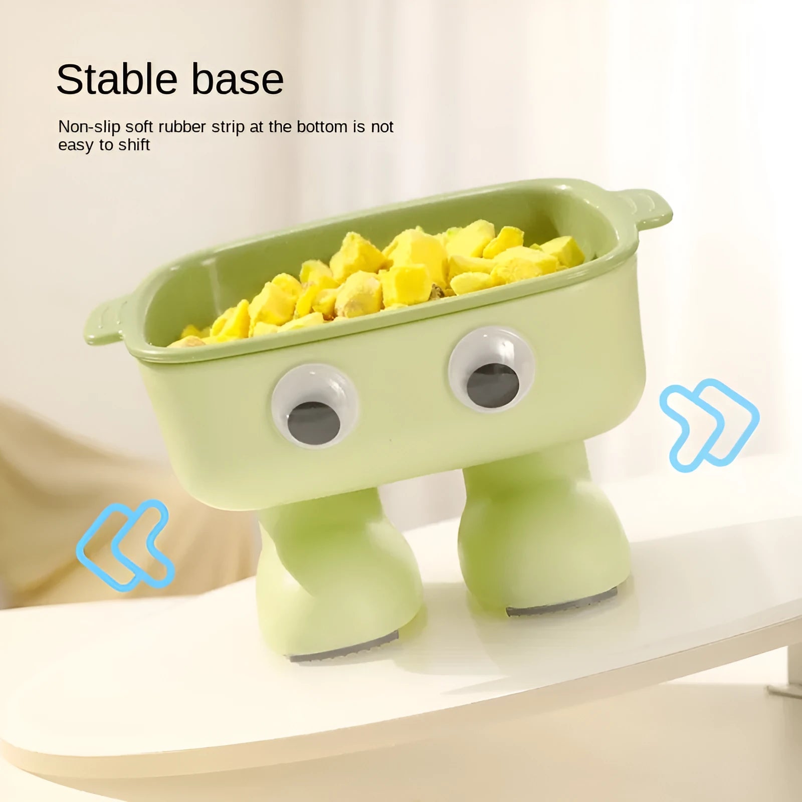 Green robot elevated cat bowl with tilted design and anti-slip base for pet feeding