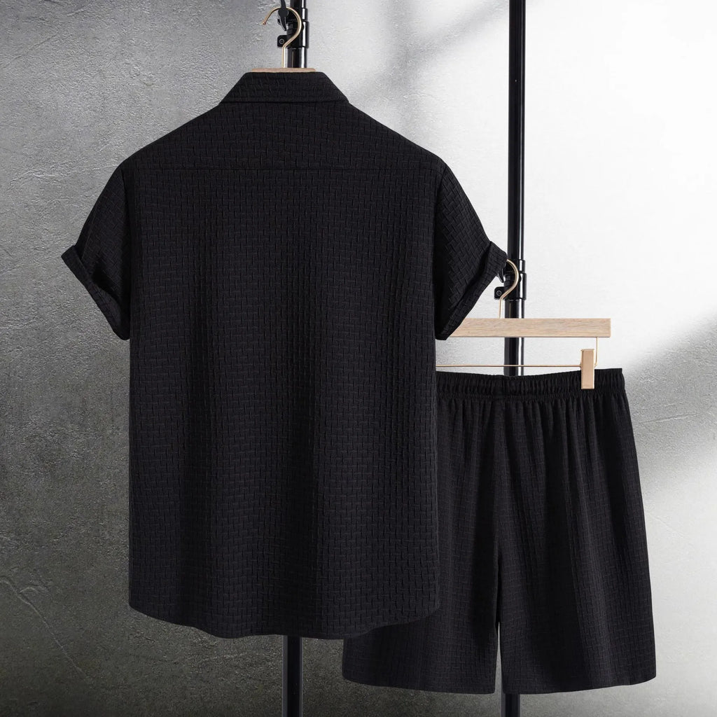 Men's black casual summer shirt and shorts suit with short sleeves on hanger