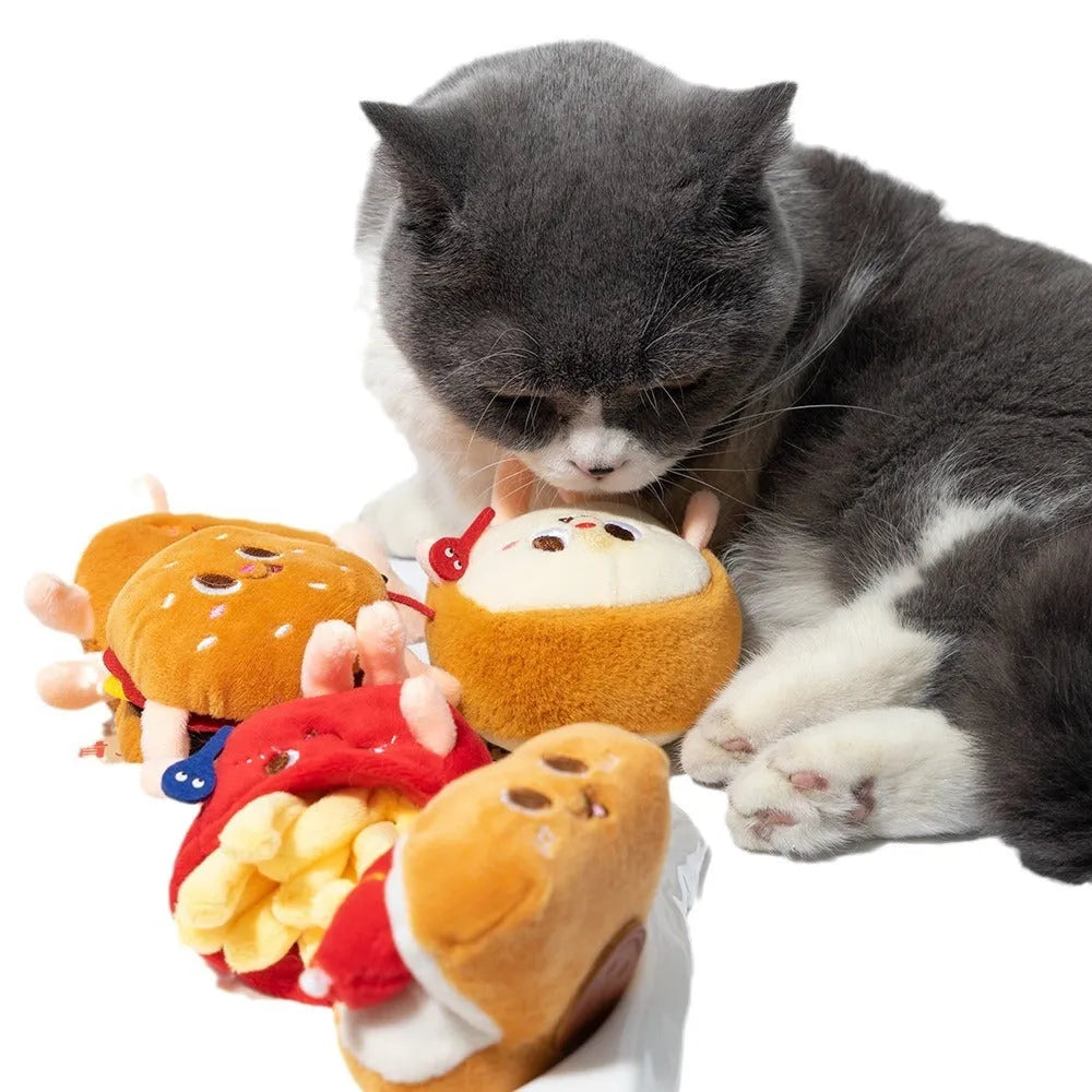 Set of five cat teething toys shaped like hamburger, chicken leg, fries, bread and hot dog