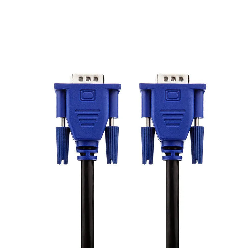 Black VGA cable with blue connectors and nickel-plated terminals measuring 1.5 metres for computer to monitor connection