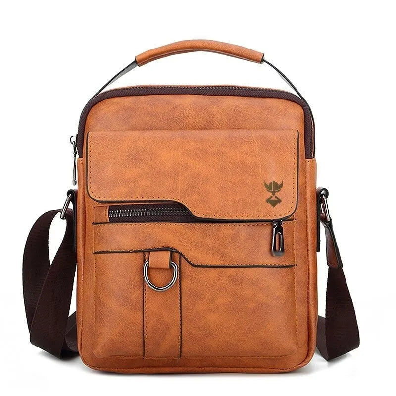 Khaki PU leather men's shoulder bag with a single strap, shown with zipper open revealing internal phone and zipper pockets.