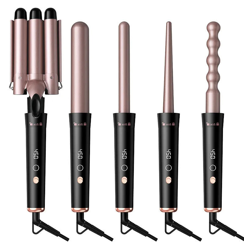 Rose gold five-in-one hair curler with LCD screen and multiple interchangeable barrels