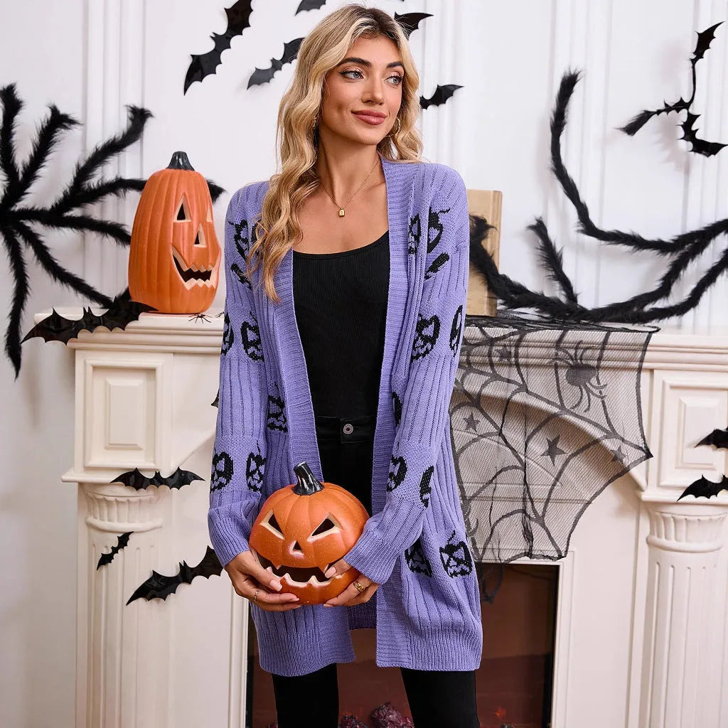 Women's black Halloween cardigan with orange pumpkin head jacquard pattern, medium length