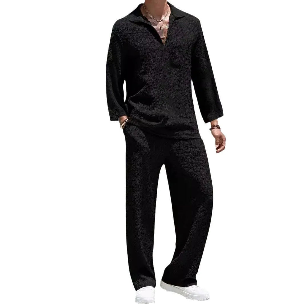 Men's casual shirt and trousers polyester suit set in lake blue colour for autumn wear.