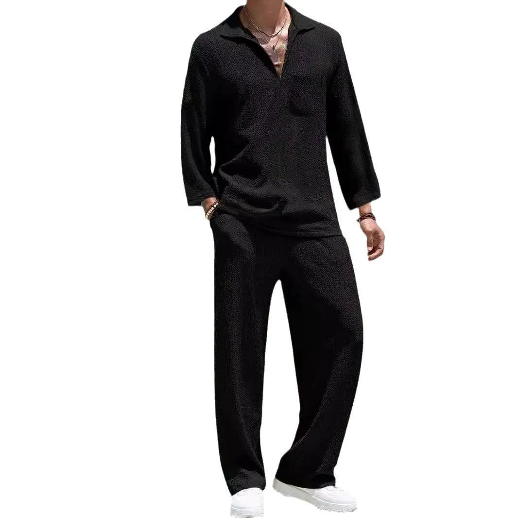 Men's casual shirt and trousers polyester suit set in lake blue colour for autumn wear.