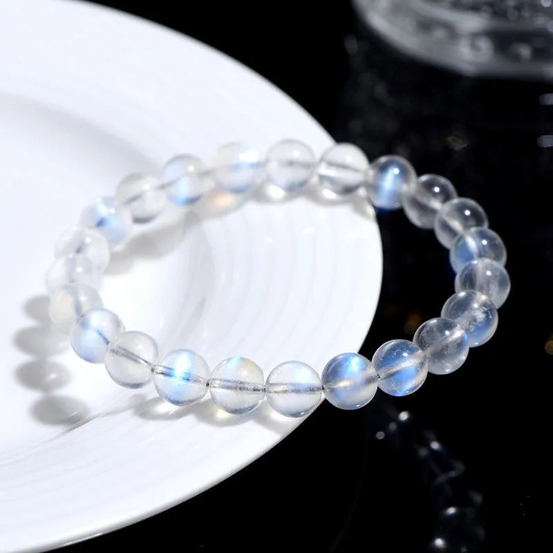 Natural cream body blue moonlight crystal bracelet with polished beads in multiple size options