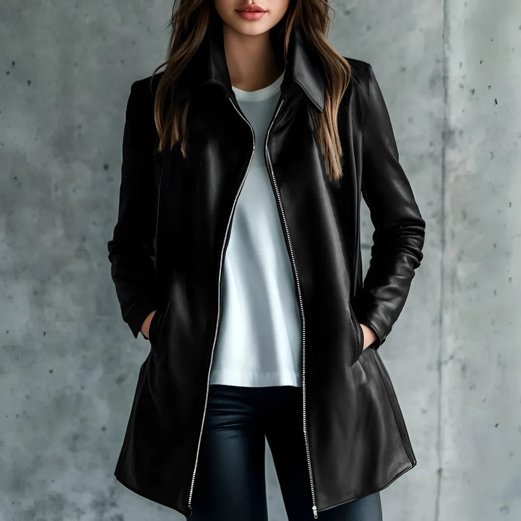 Women's black polyester leather-style jacket with long sleeves and medium length