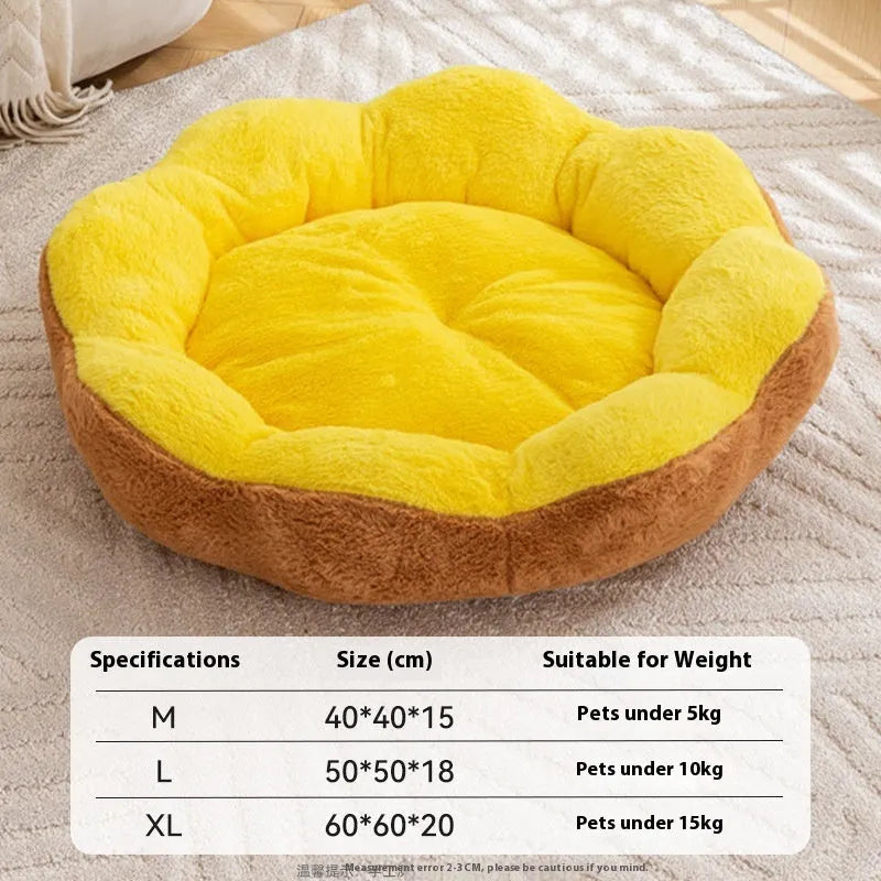 Round rabbit plush pet bed in brown grey colour with detachable washable design and reinforced edges
