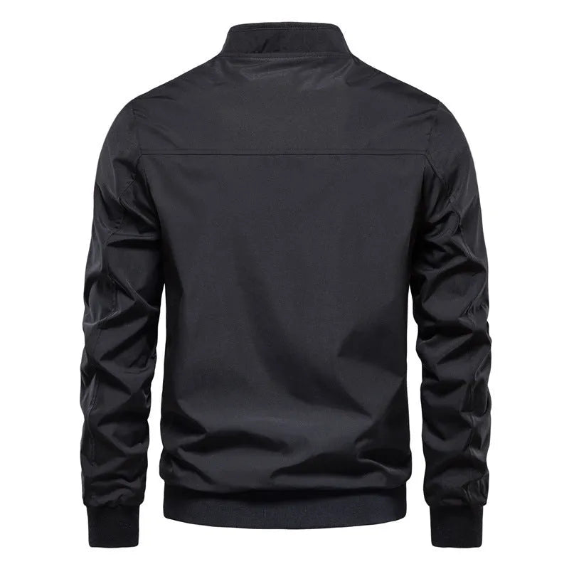 Men's solid colour thin casual jacket in polyester, shown in army green, on a hanger.