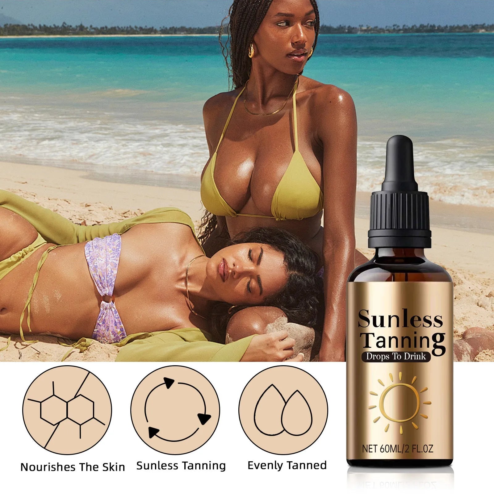 Black bottle containing 60ml of unisex oral drops for universal skin care