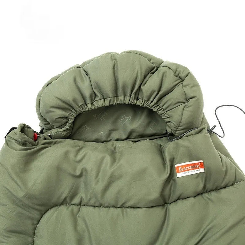 Cotton camping sleeping bag quilt in ochre and olive green colours with cold-proof insulation