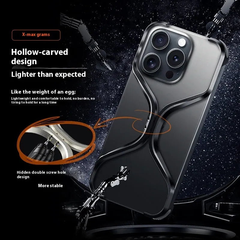 Metal frameless hollow phone case for iPhone with dark gray finish and exposed metal back