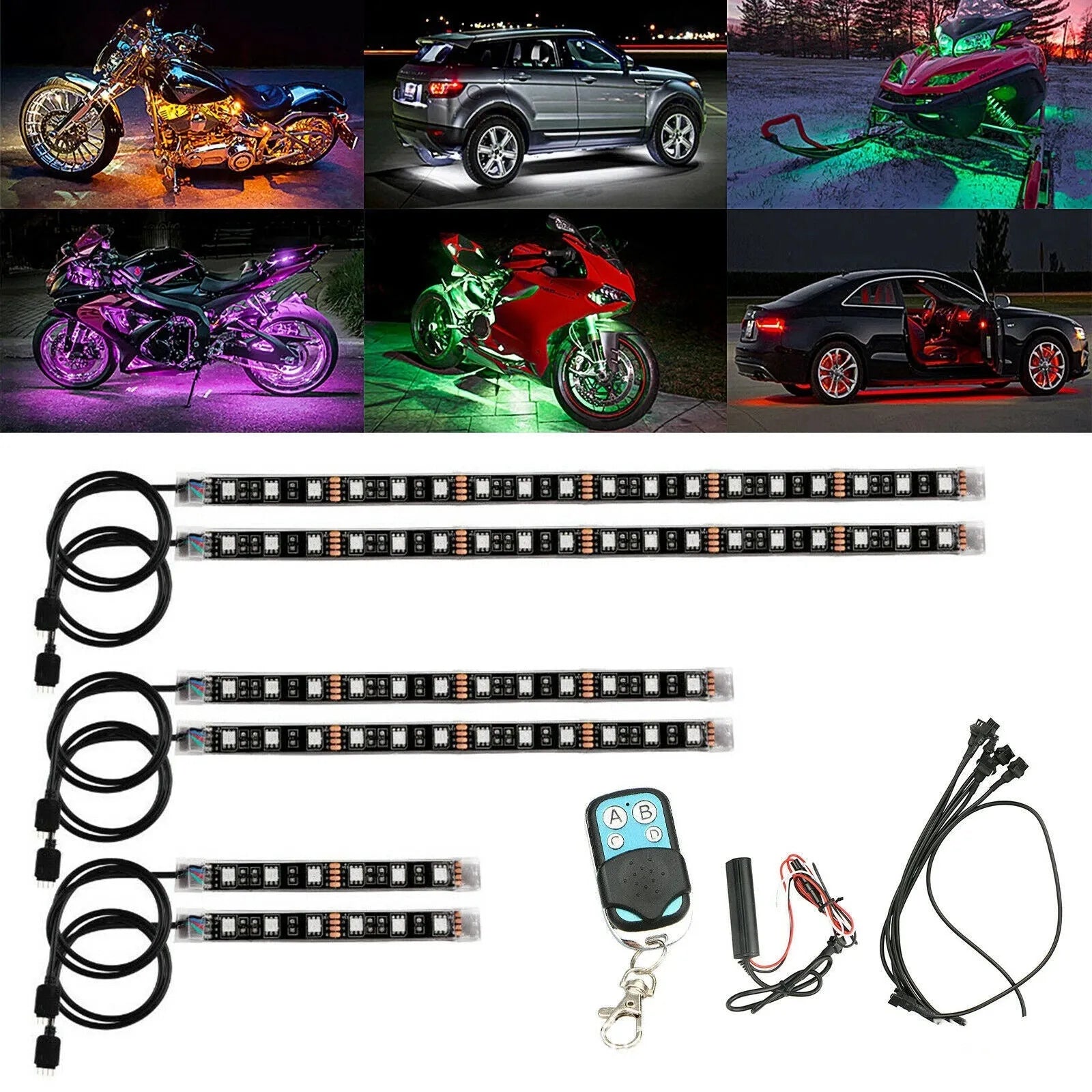 RGB LED vehicle atmosphere light kit with wireless remote control for car and motorcycle customisation