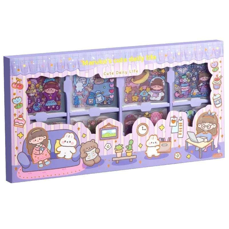 Children's reusable sticker book with five themed designs including cute characters and scenes