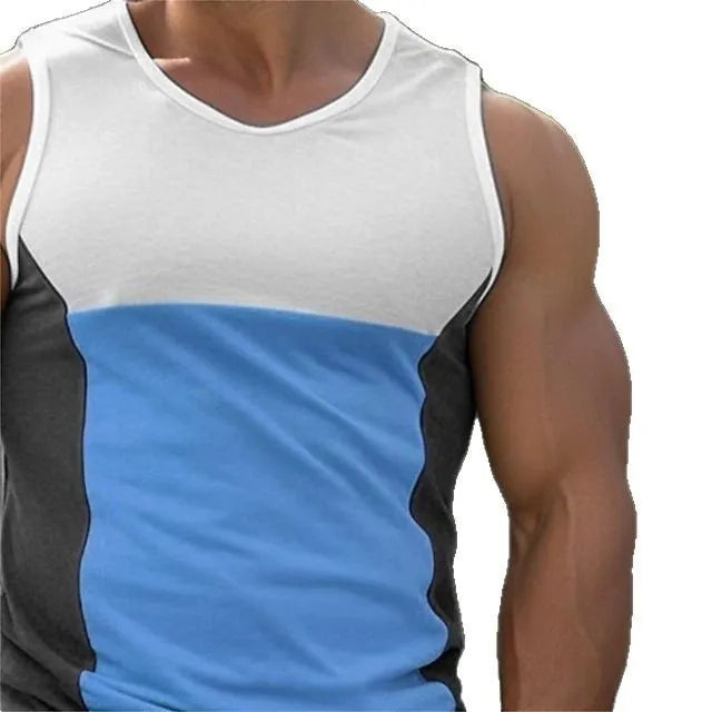 Men's blue cotton blend sports vest on a hanger showing front design.