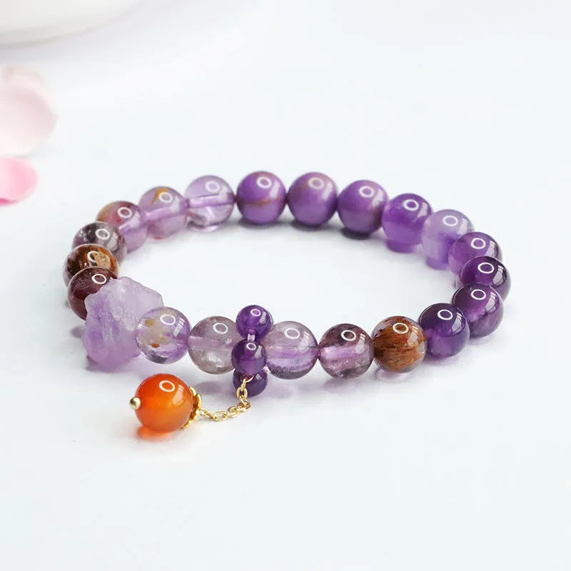 Natural nine purple Amethyst and red agate crystal bracelet with approximately 7-8mm beads