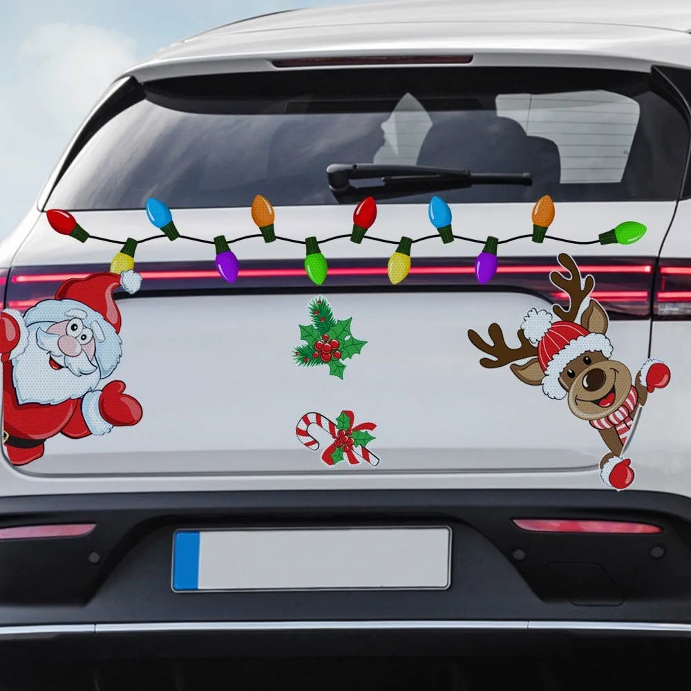 Christmas elk cartoon design reflective magnetic sticker on a metal surface.