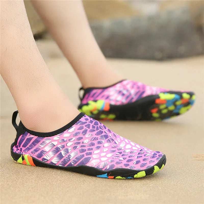 Beach wading shoes in multiple colours with Lycra upper and EVA midsole for swimming.