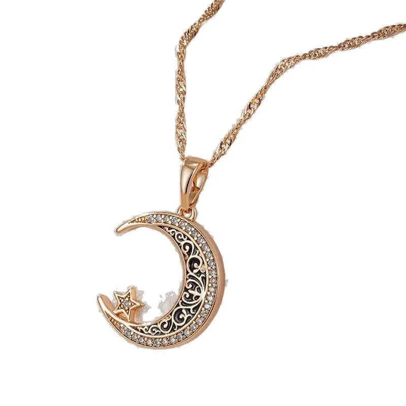 Rose gold plated necklace with star and moon zircon pendant on water wave chain