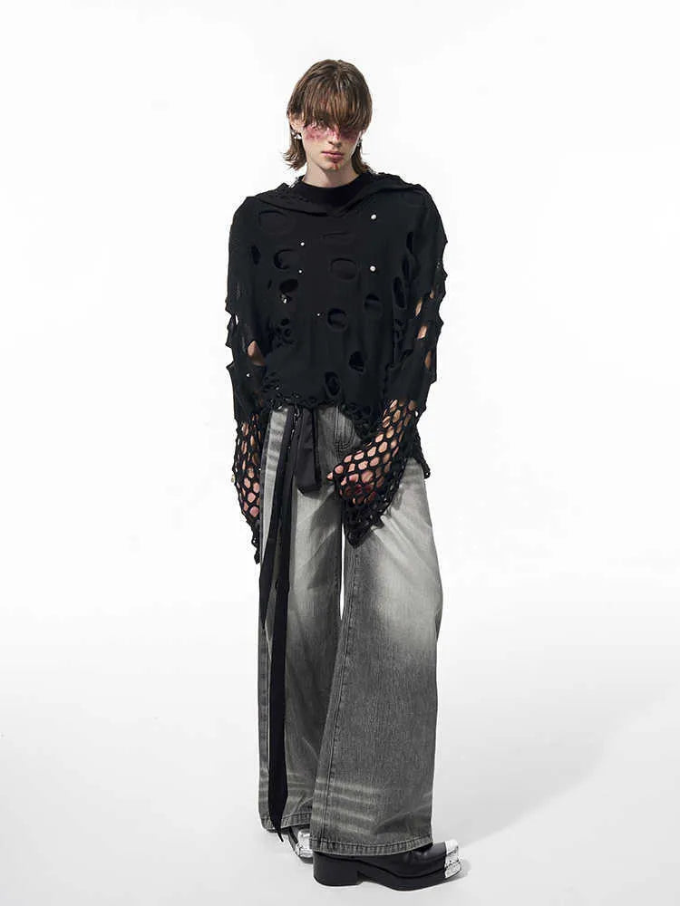 Men's black hollow knit hooded sweater with pearl decorative trim, loose fit pullover style