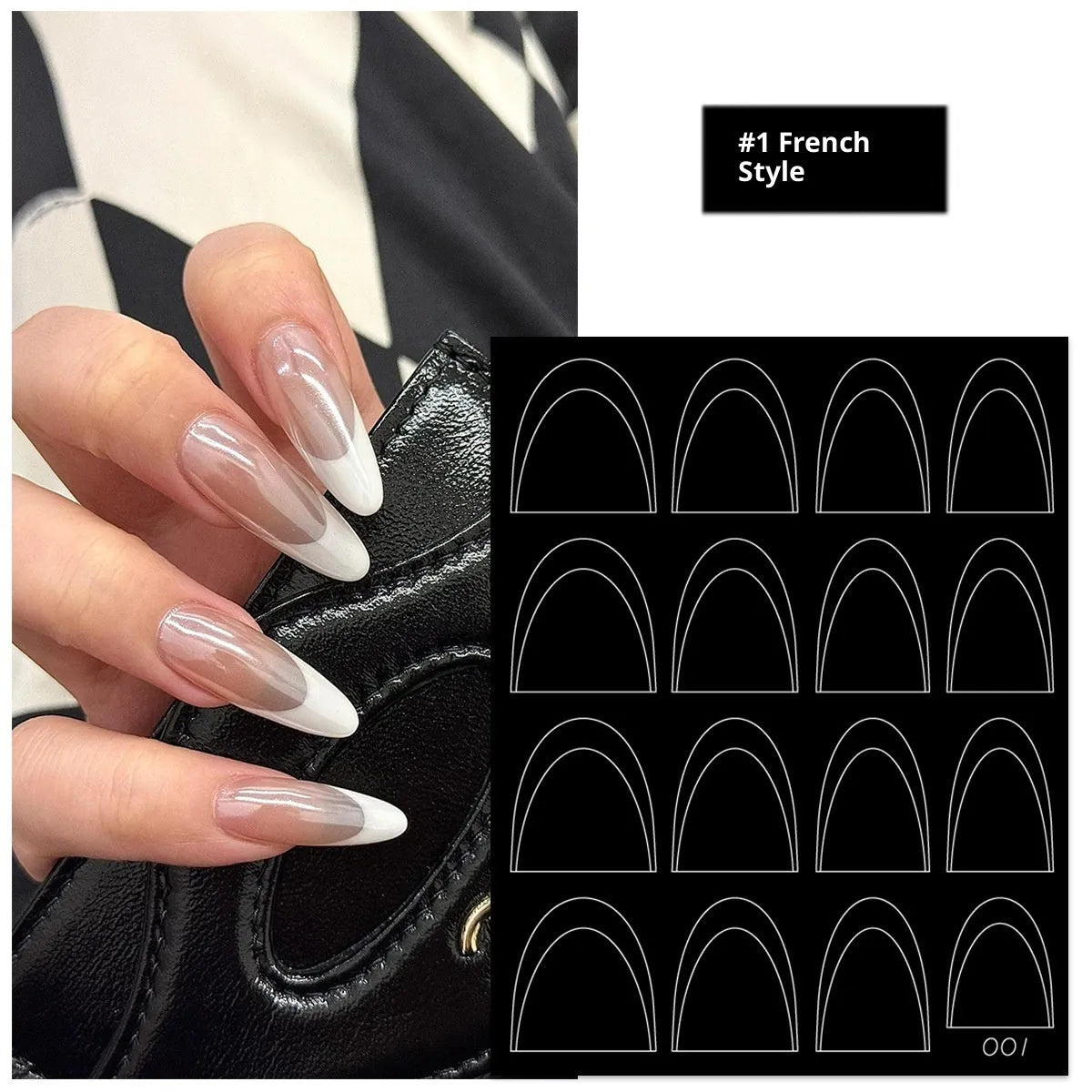 Ultra-thin seamless Deep V French nail art sticker template with a plaid pattern