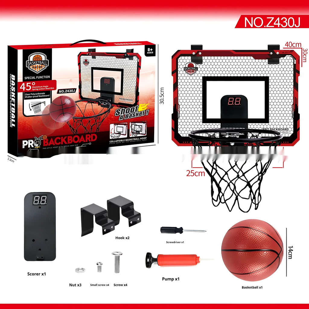 Red foldable basketball frame with suction cup base mounted on door