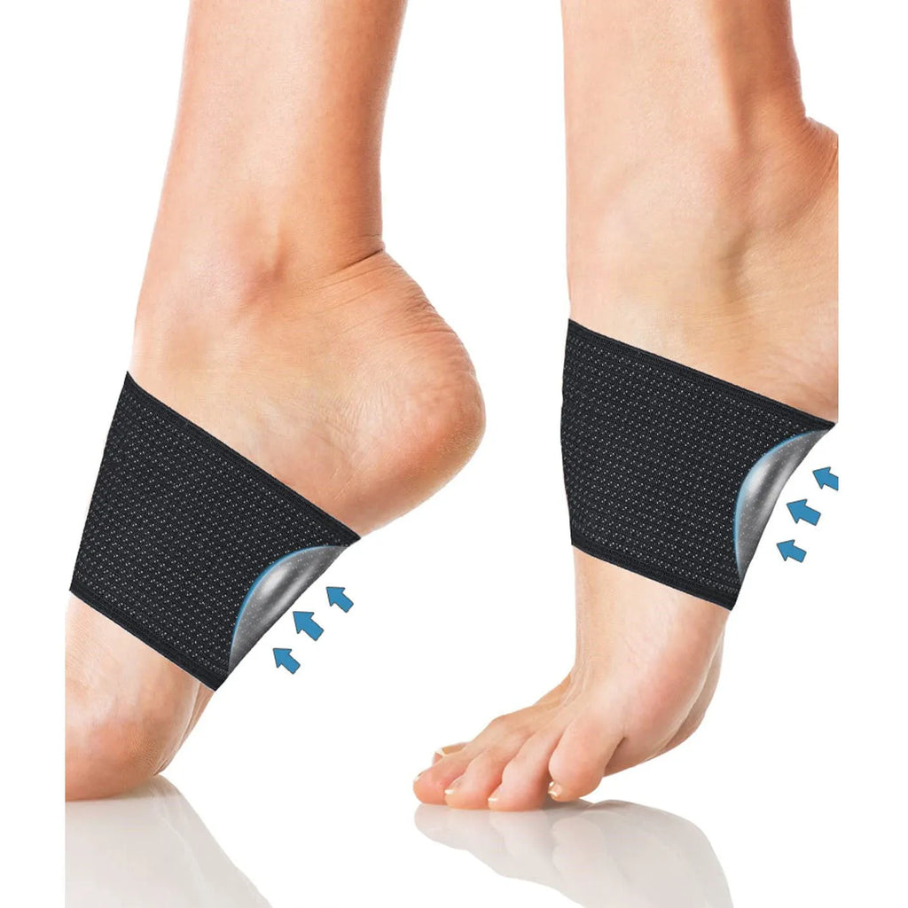 Unisex flat foot support bandage with elastic arch support and a silicone heart pad, shown in two style variations.
