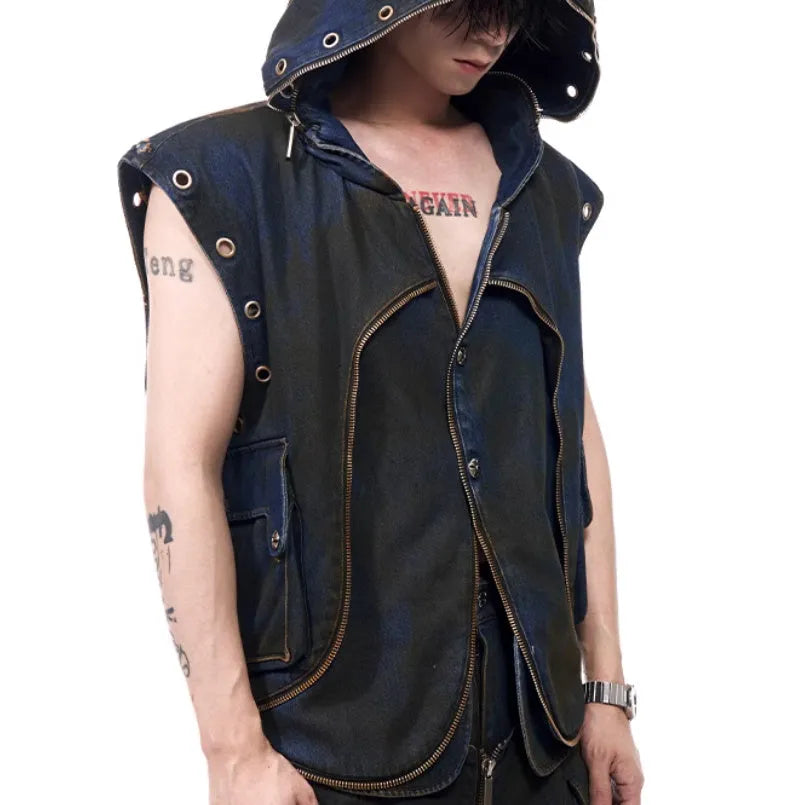 Blue hooded denim vest coat with matching trousers set in Korean style
