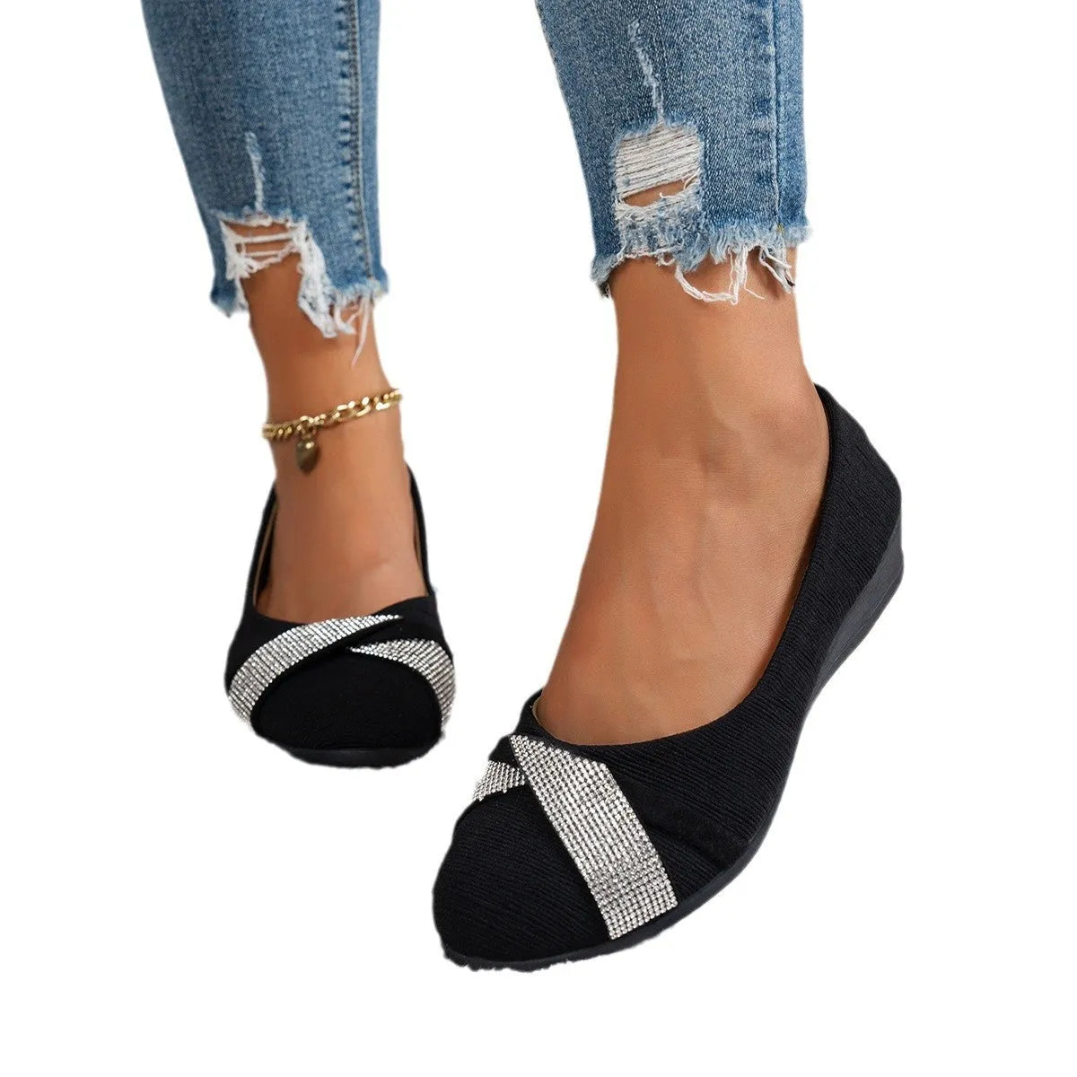 Black women's slip-on casual shoes with a chunky heel and rhinestone details on the fabric upper.