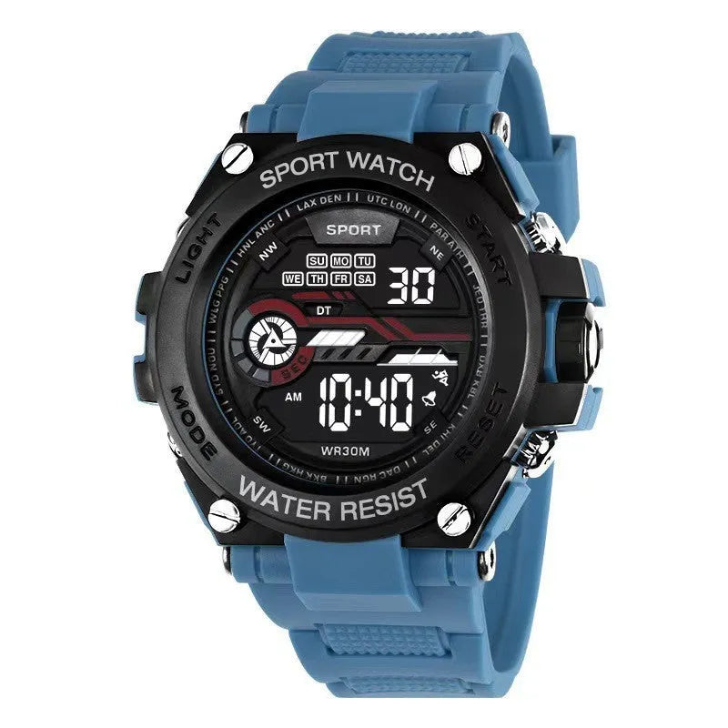 A digital electronic watch for teenagers, shown in one of 10 available colours.