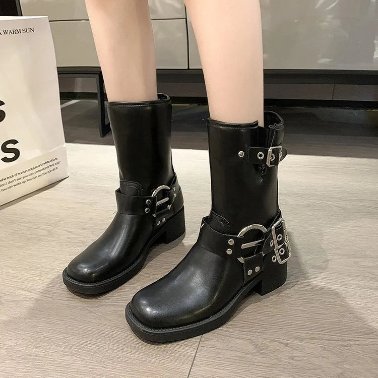 British platform women's boots with mid-calf length and belt buckle detail