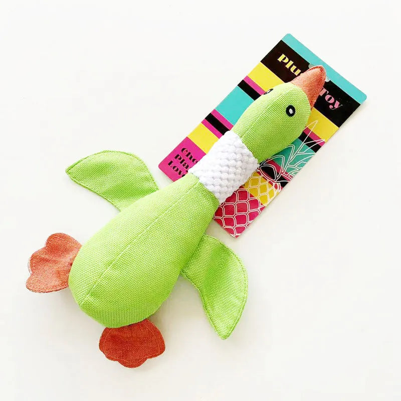 Blue durable plush duck dog toy with two squeakers for chew and fetch play.