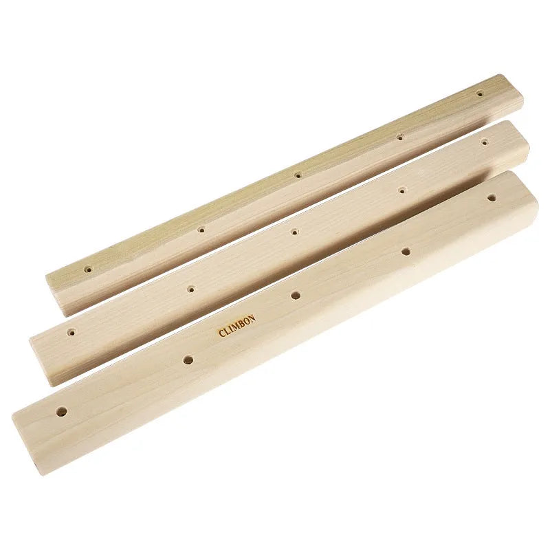 Set of three solid wooden fingerboard hangboards for grip strength training in different lengths.