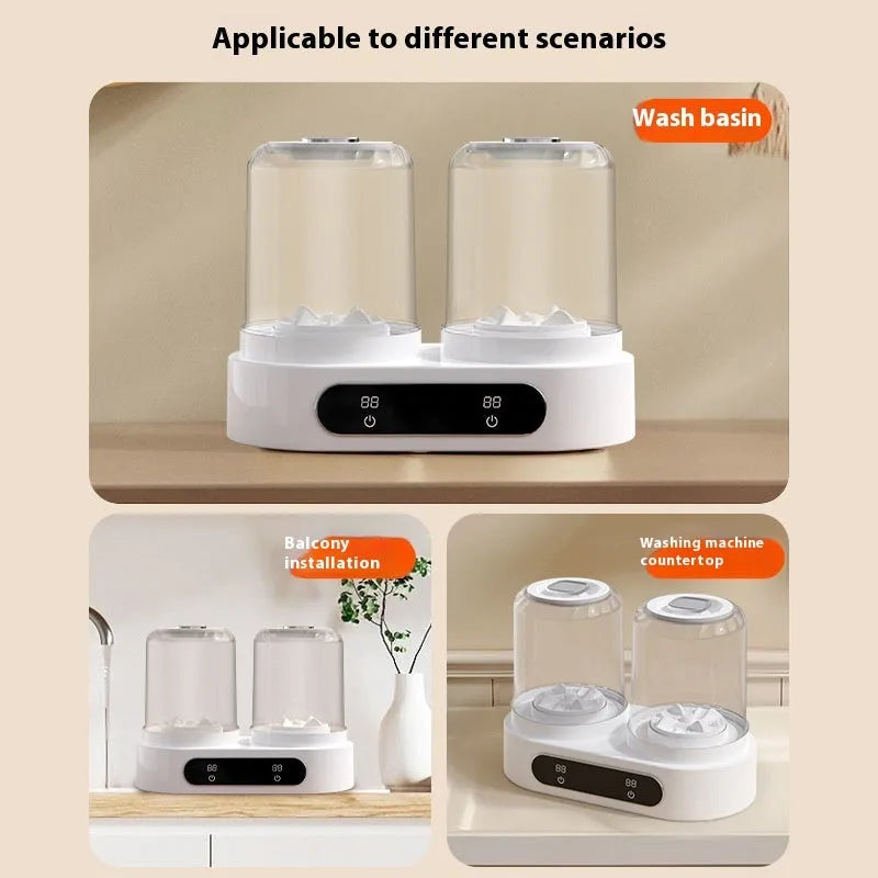 White double bucket mini washing machine with USB cable connection for portable laundry
