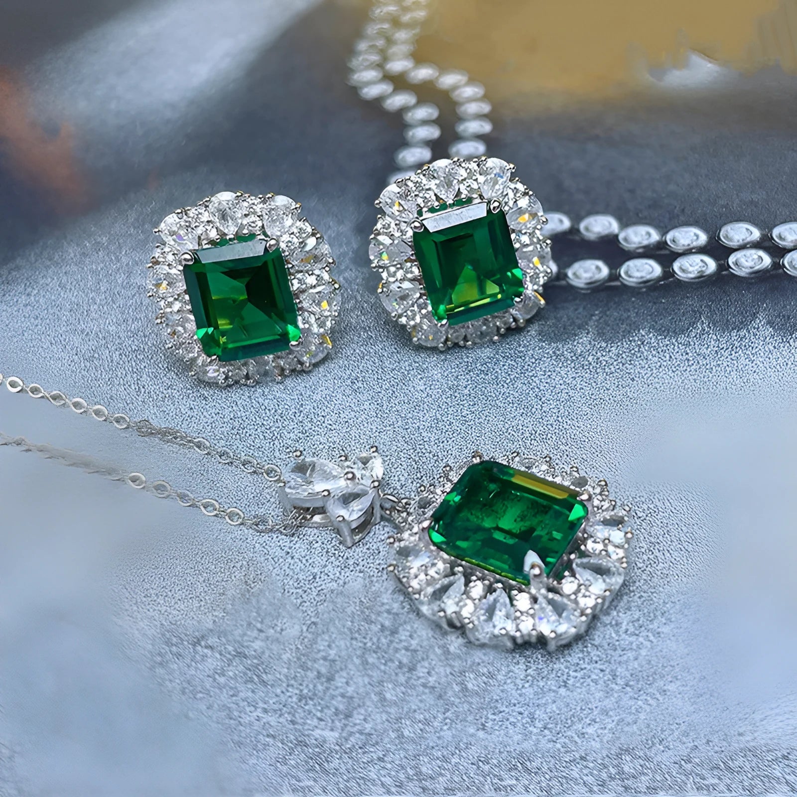 French royal style copper jewellery set with plant patterns showing necklace, earrings, and ring