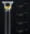 Black electric hair clipper with gold steel blades, four comb attachments, and USB charger