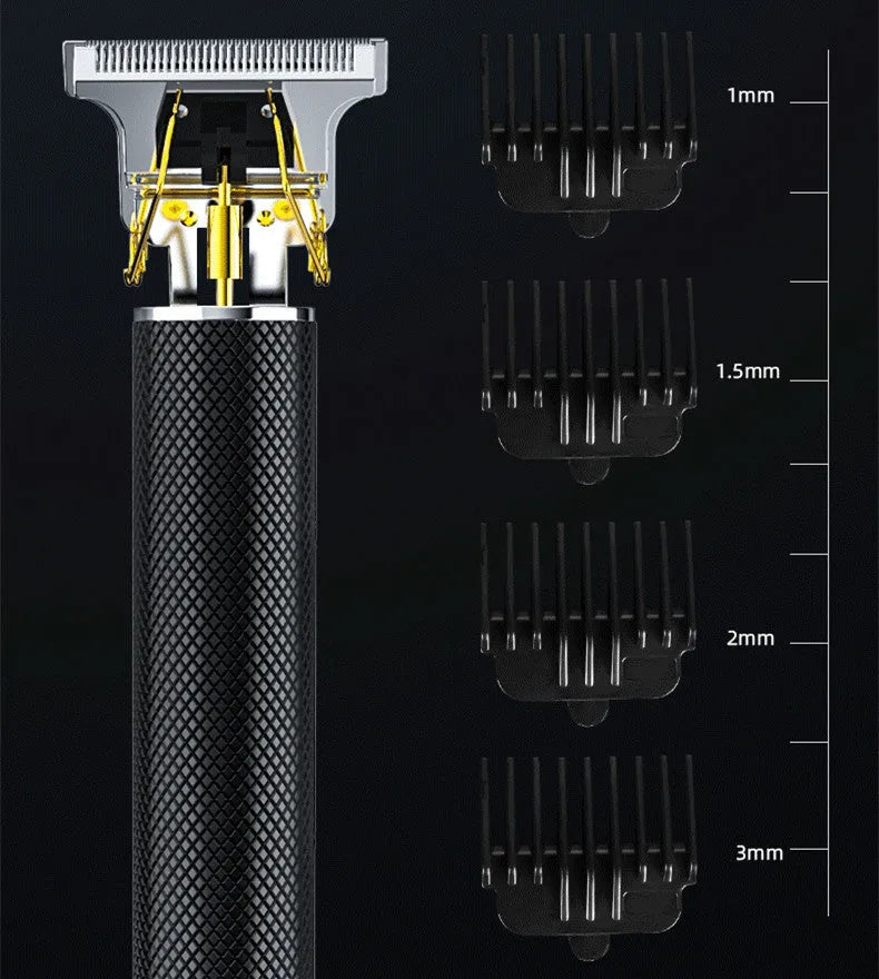 Black electric hair clipper with gold steel blades, four comb attachments, and USB charger