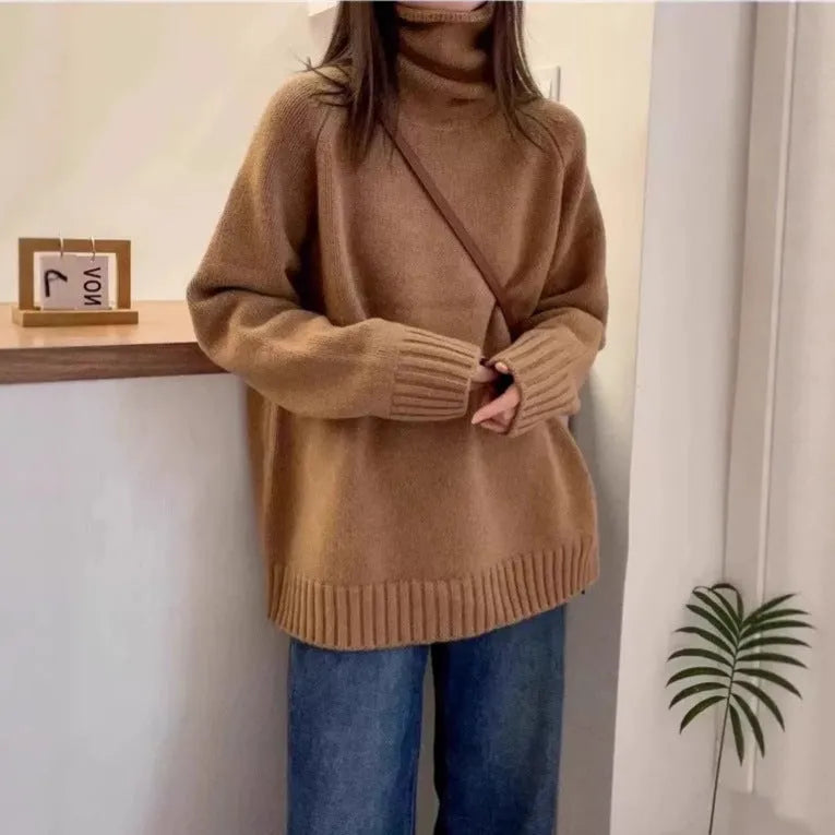 Women's loose thick turtleneck sweater with curling pile collar in red, camel, gray, or black