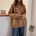 Women's loose thick turtleneck sweater with curling pile collar in red, camel, gray, or black