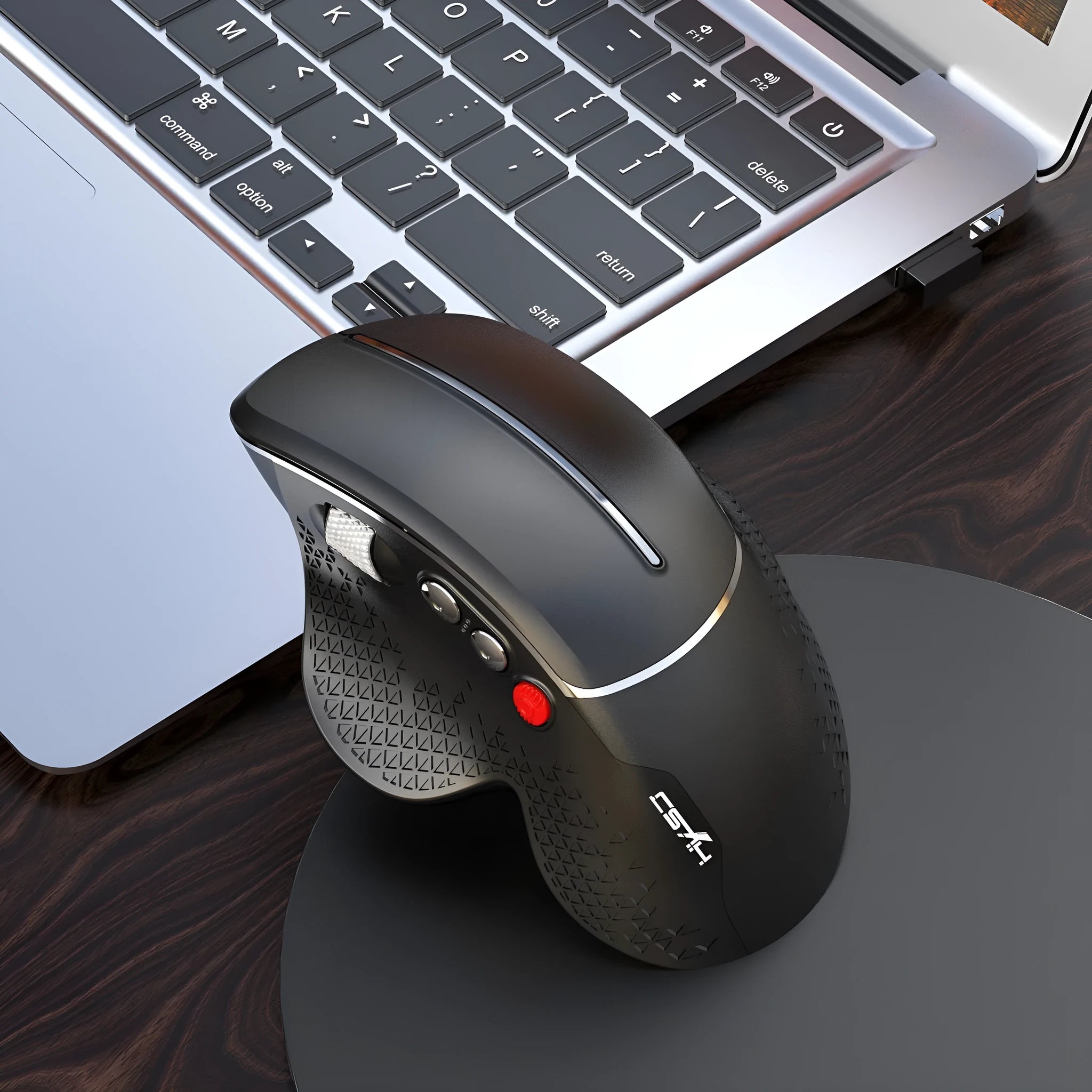 T32 Wireless Vertical Mouse in black or silver with aluminium side roller on desk