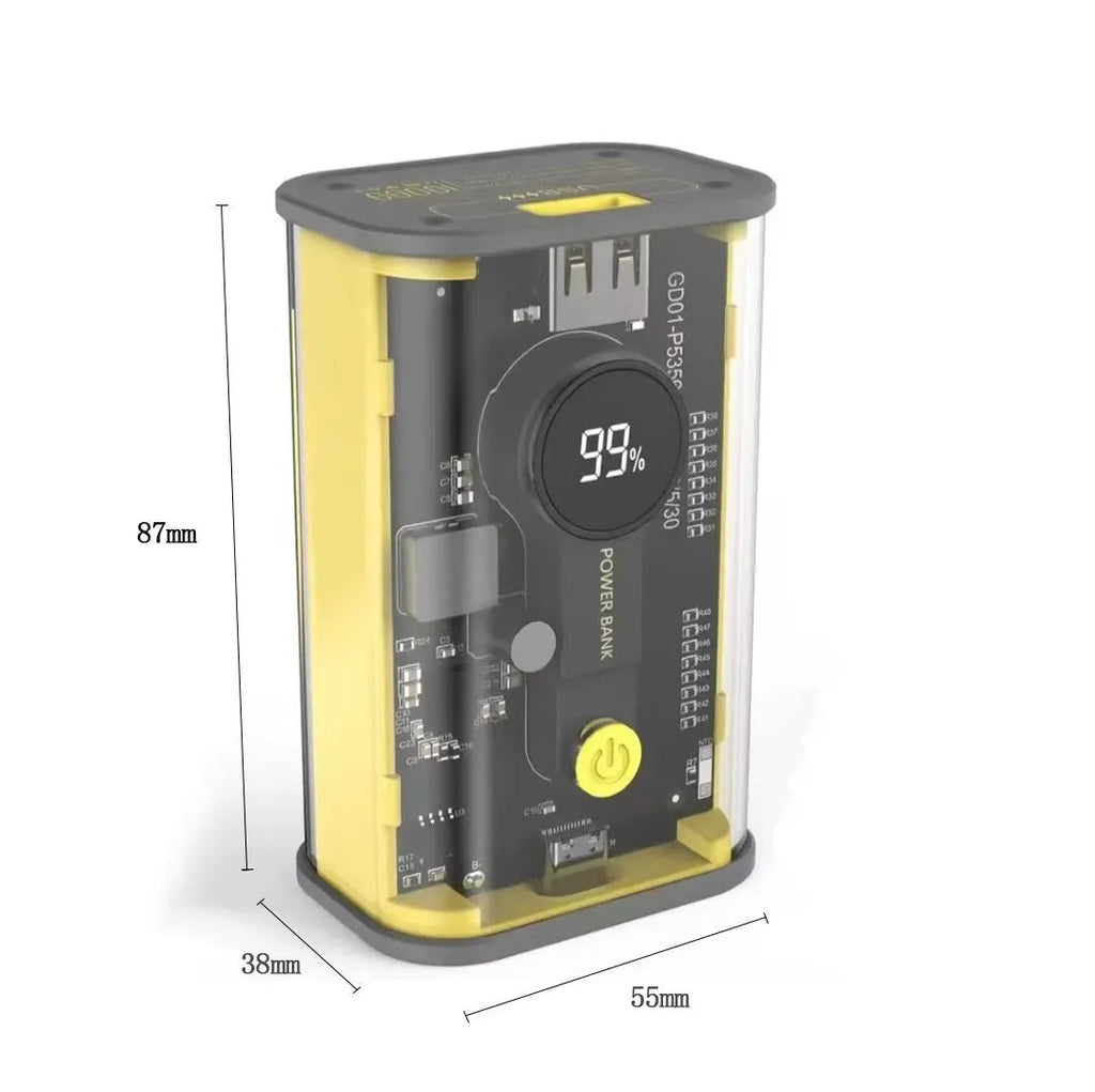 Transparent industrial design power bank showing internal aluminium battery casing with 10000mAh capacity