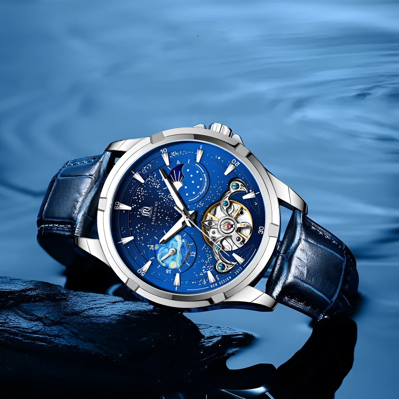 Men's blue dial automatic mechanical watch with stainless steel 14mm case