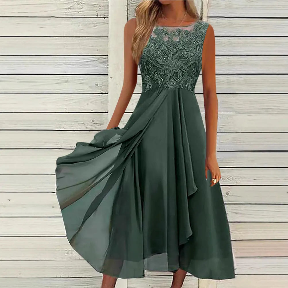 Women's sleeveless green chiffon dress with lace hollow-out detail and a mid-length flared skirt.