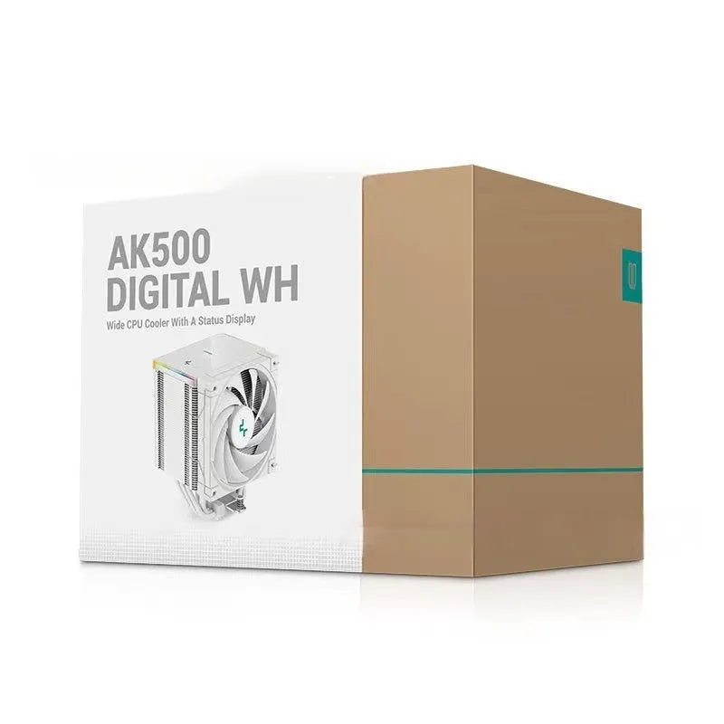 Dual tower CPU air cooler with digital temperature display in black or white finish.
