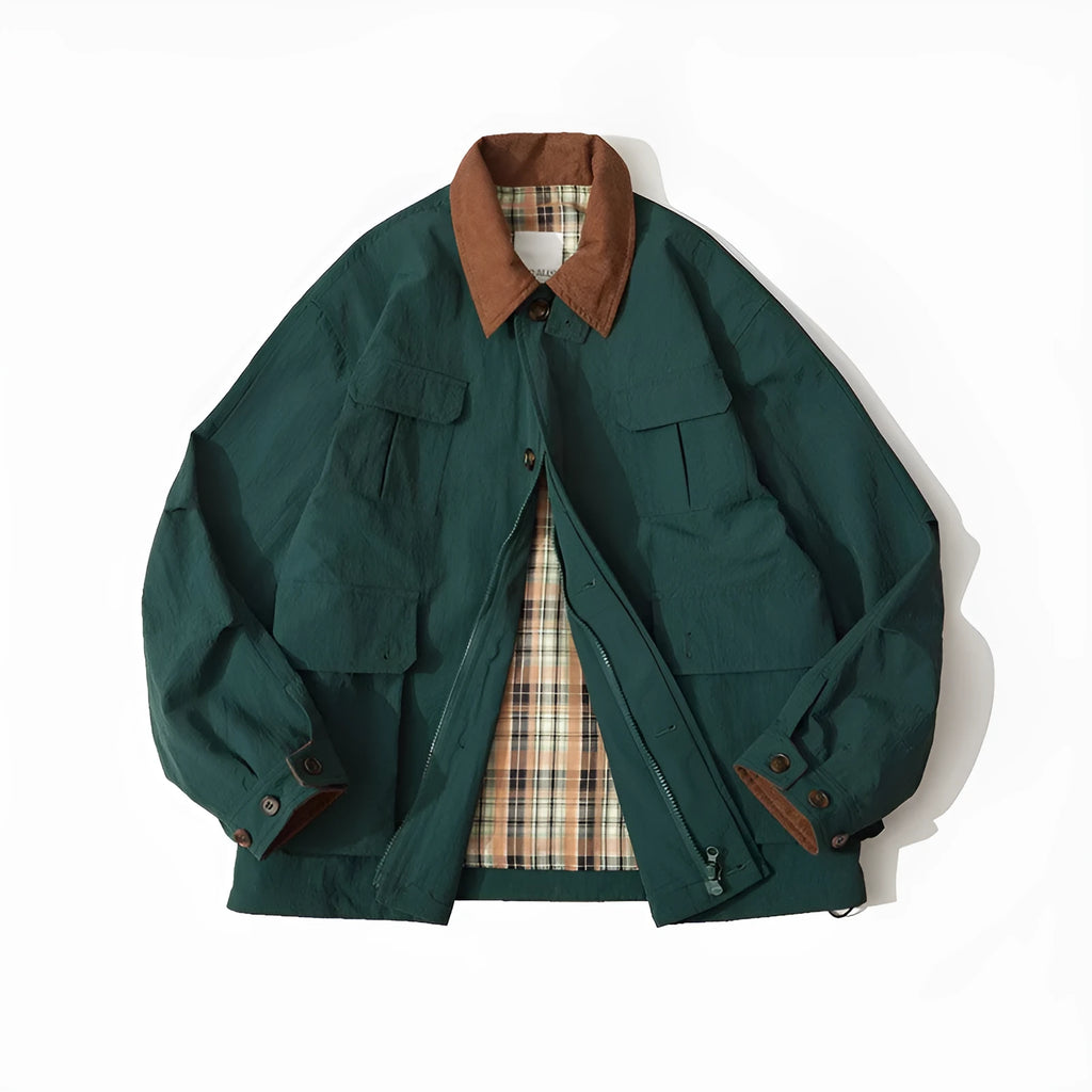 Casual jacket with contrasting colour panels and side seam pockets in polyester material