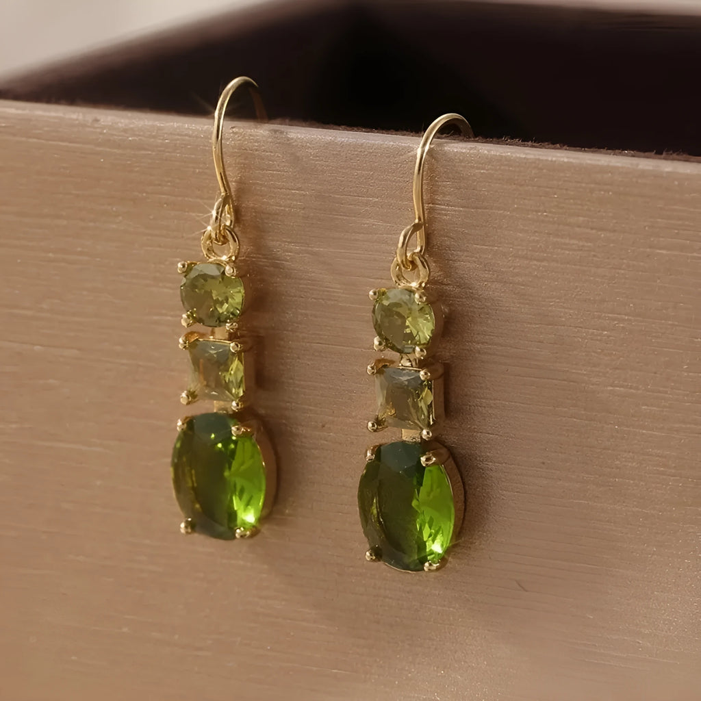 Green geometric copper earrings with quadrilateral design in retro Bohemian style