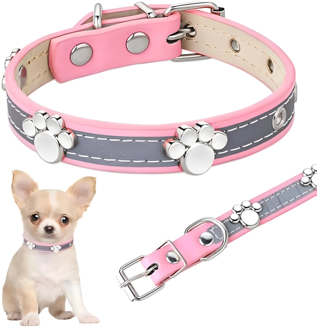 Reflective leather dog collar with paw rivets and metal buckle in adjustable sizes for dogs